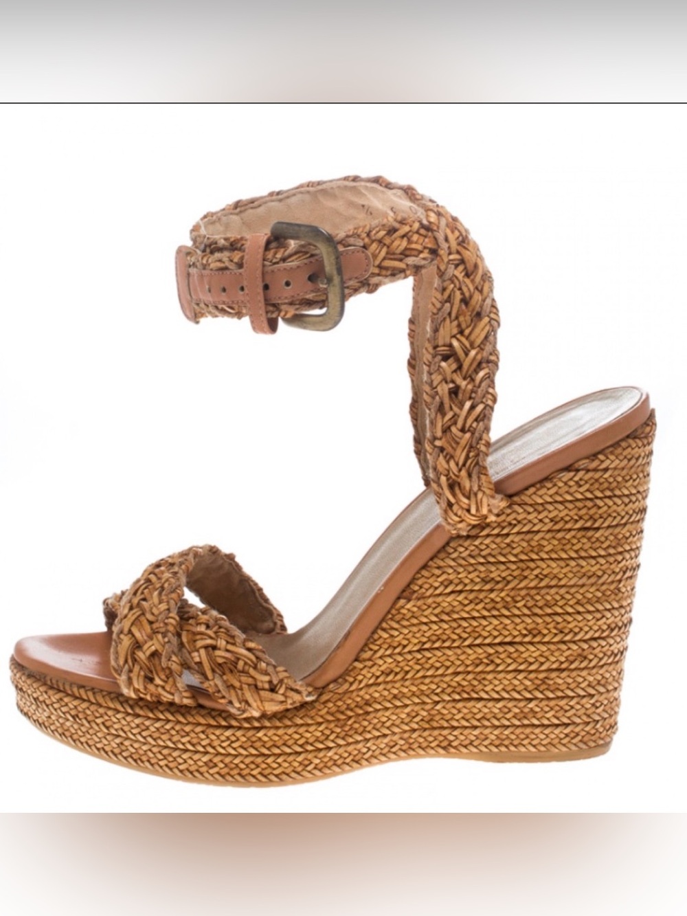 Stuart Weitzman Raffia Braided Wedge Camel Sandals BoHo Sophisticate 7.5M